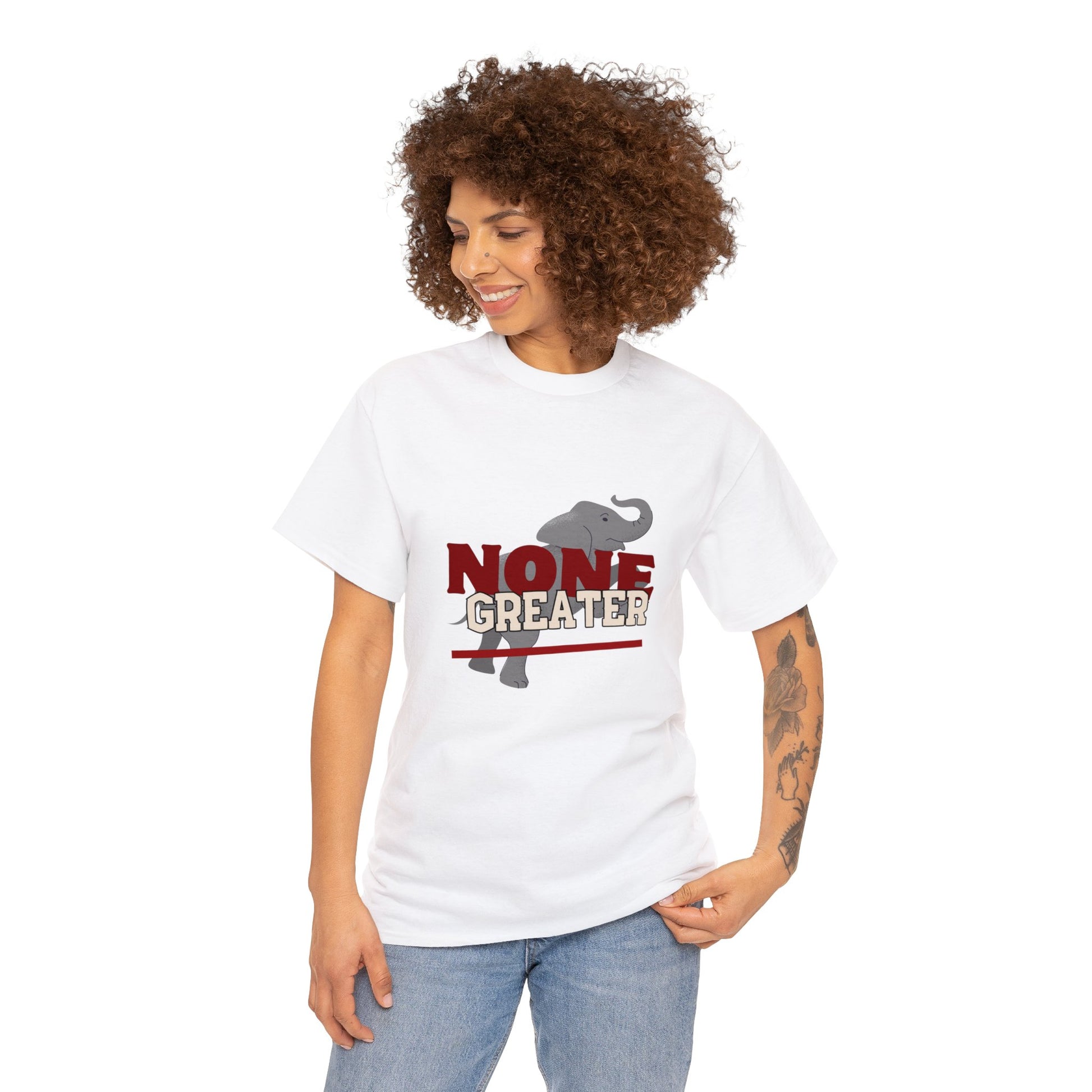 White Unisex Heavy Cotton Tee w/saying "None Greater" in Red/White with Grey Elephant in Background