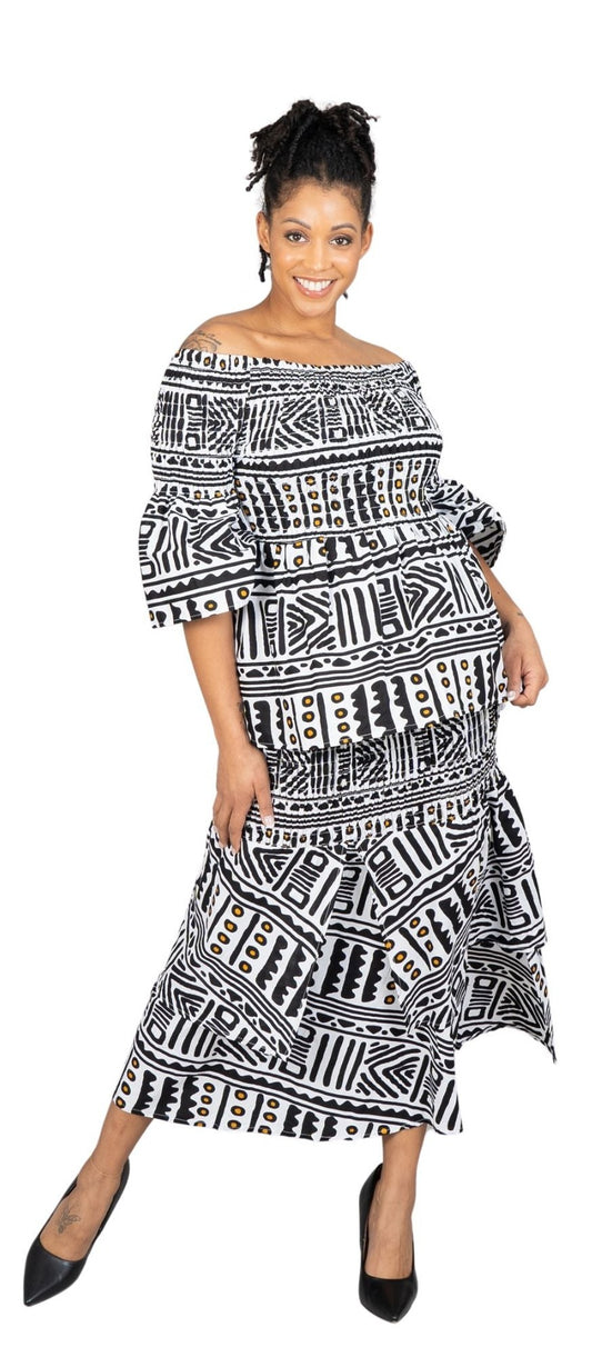 Black and White Two-piece Authentic African Print Smocked 2pc Skirt Set