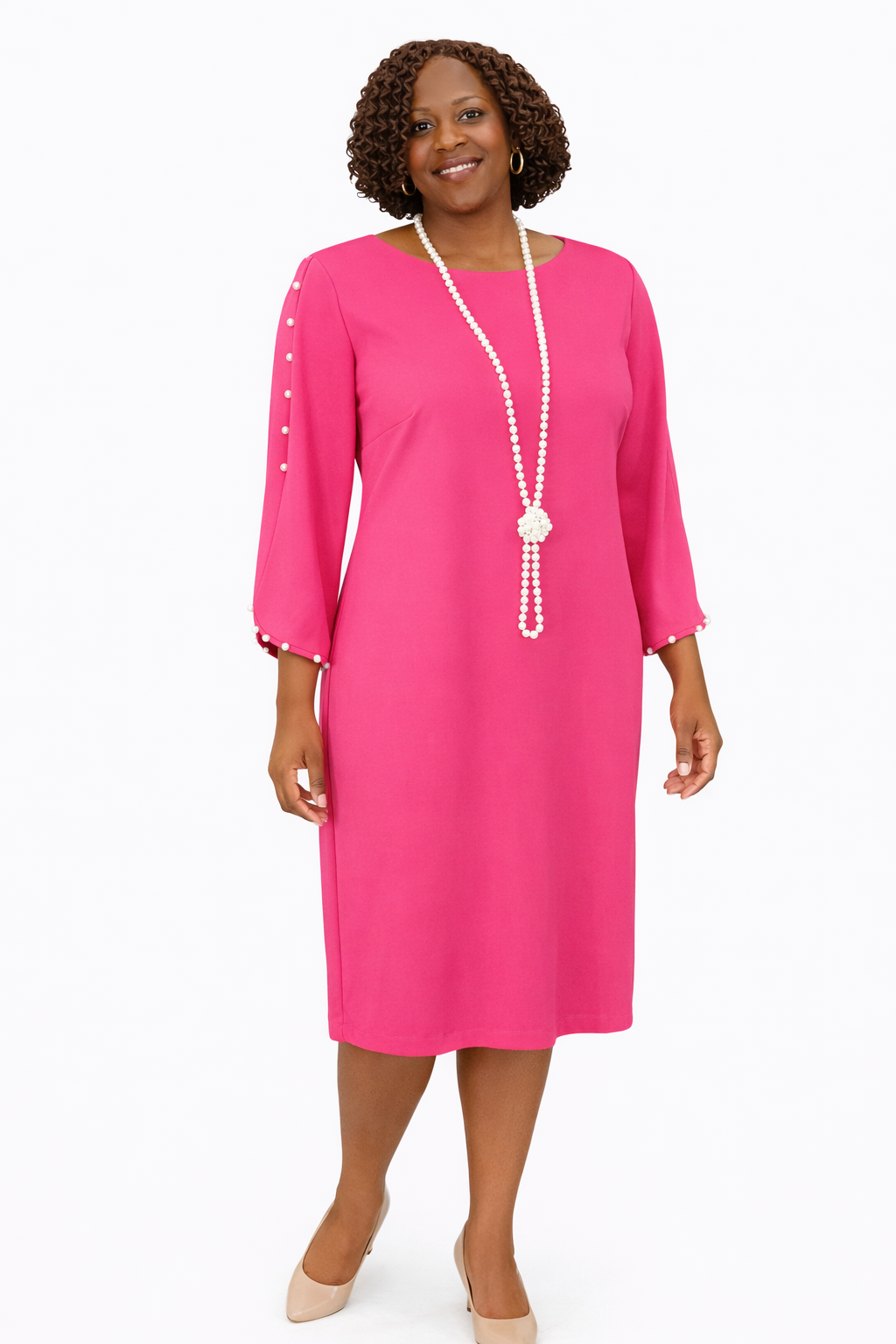 Pink Scuba Crepe Dress with Pearl Embellished Sleeves | Elegant Formal Wear