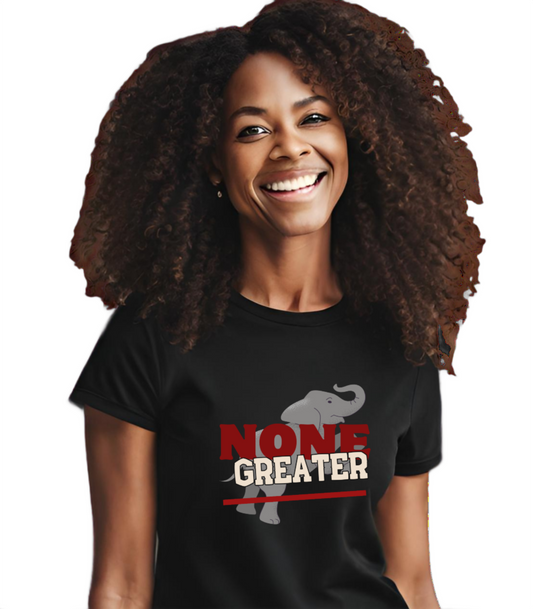 Black Unisex Heavy Cotton Tee w/saying "None Greater" in Red/White with Grey Elephant in background