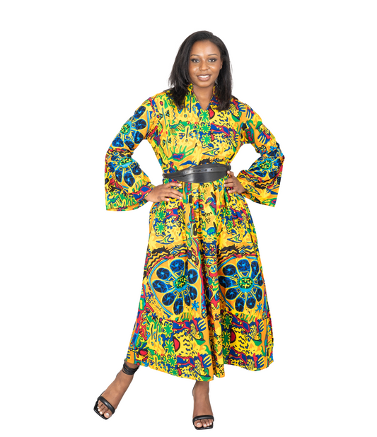 Bright African Print Maxi Dress with bell shape sleeves