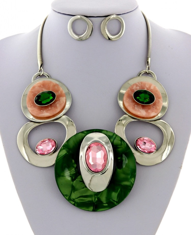 Silver, Green, Peach and Pink Acrylic Glass Metal Graduating Necklace & Earring Set 