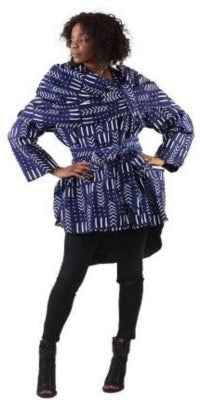 African Blue Print Twill Jacket with Belt and pockets