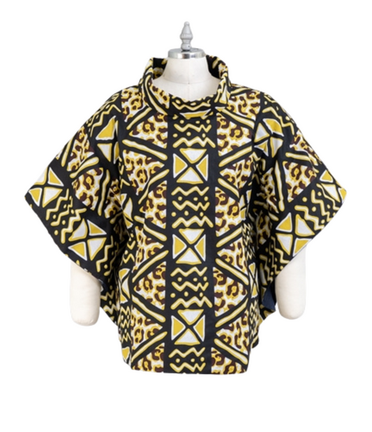 African Print Cowl Neck Poncho Top with denim lining