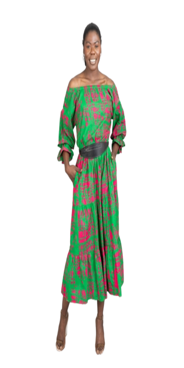Green and Pink  African Print Off-Shoulder Dress