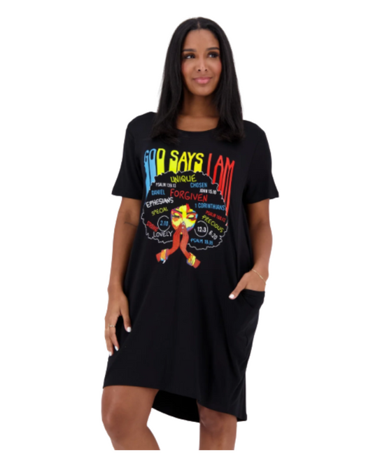 “God Says I Am” Graphic Pocket Dress – Black