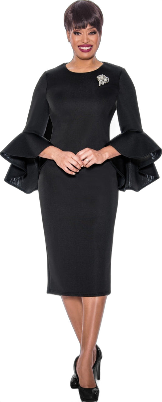 Black Bell Sleeved Dress with removable silver broach