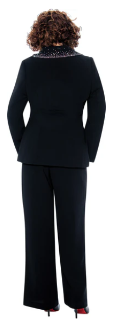 Black 3-Piece Rhinestone Collar Pant Suit with Rhinestone Tie-Waist Jacket