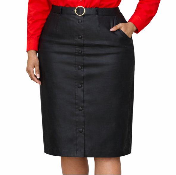 Black Faux Leather Skirt with pockets faux button front