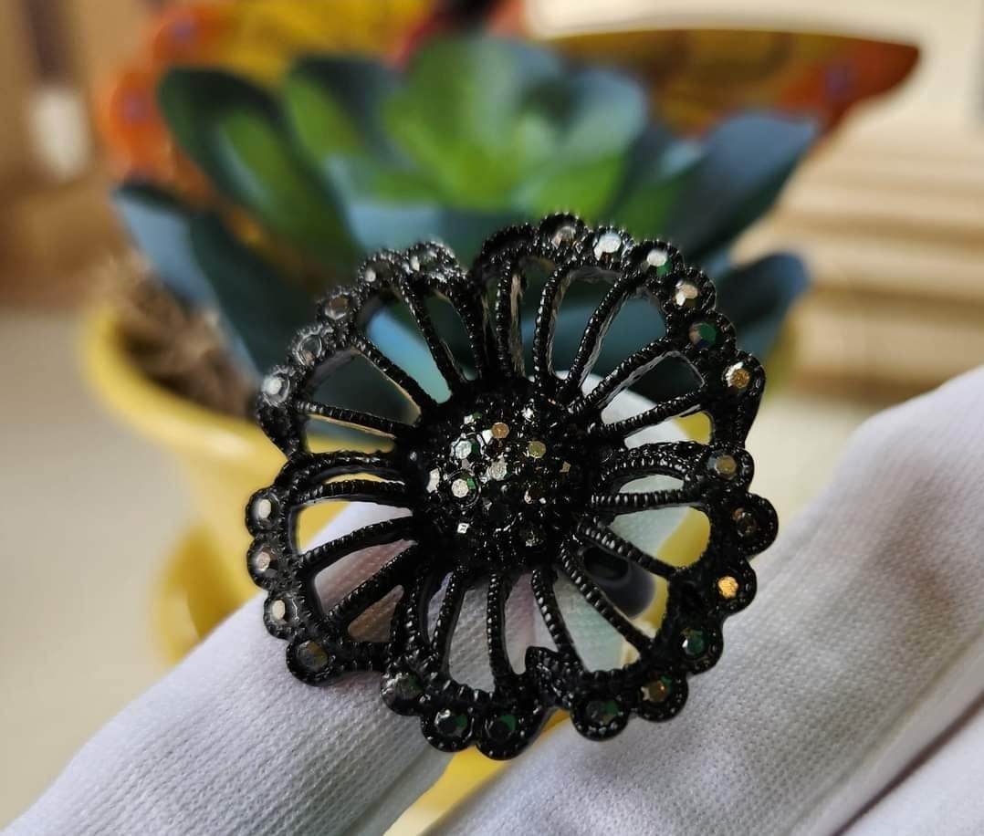 Black Floral Shaped Ring with Chrystal Embellishments