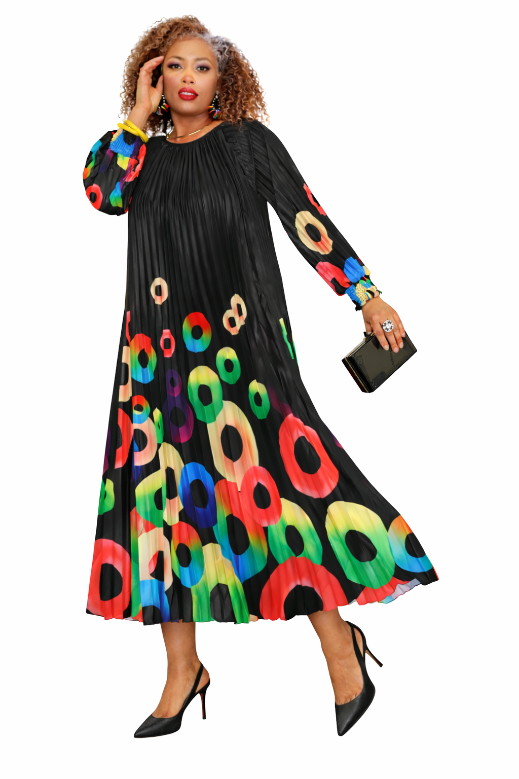Black Pleated Maxi Dress with Multicolor Circle Print