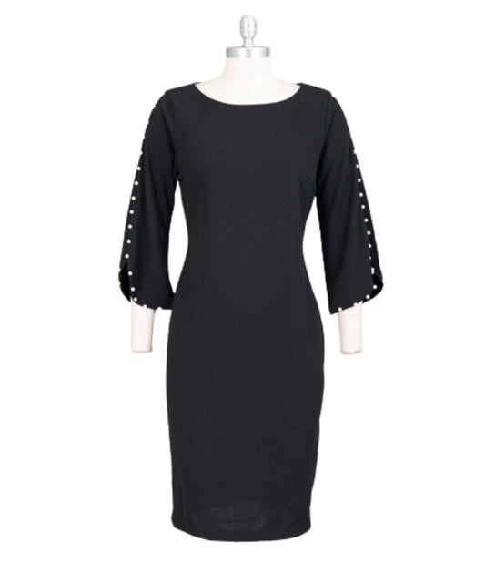 Scuba Crepe Black Dress with Pearls down the sleeve.