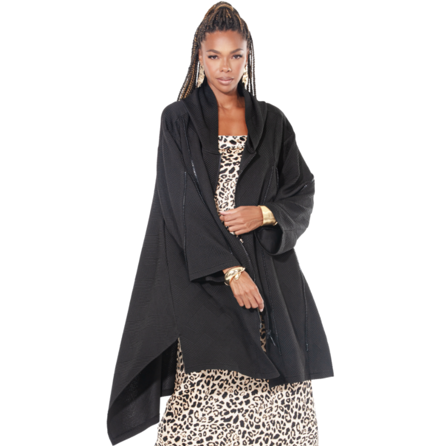 Geometric Pattern Black Hoodie Tunic Jacket – Brushed Cotton Blend with Zipper Details