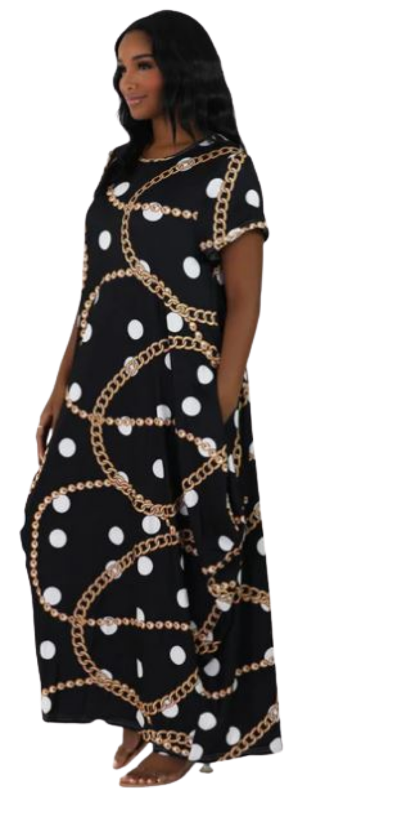 Black Maxi Dress with White polka dots and Gold Chain Link Design