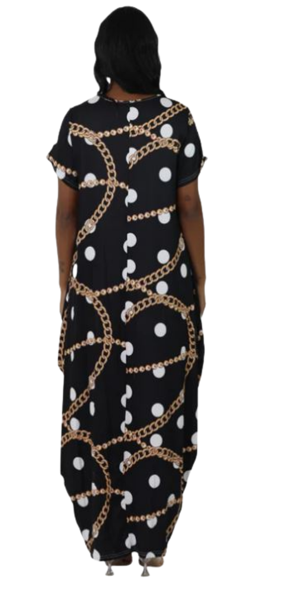 Black Maxi Dress with White Polka dots and Gold Chain Link Design