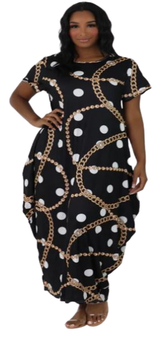 Black Maxi Dress with White Polka Dots and Gold Chain Link Design