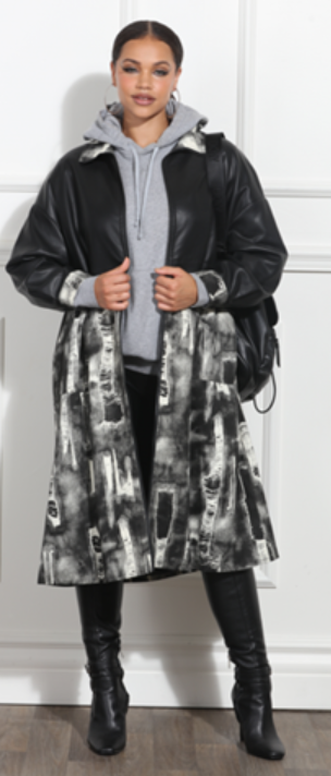 Black and Grey Faux Leather Coat