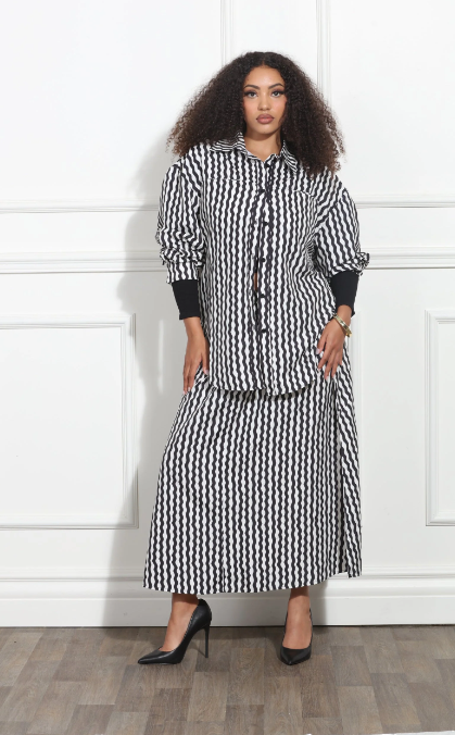 Black and Ivory Geo Print Two-Piece Skirt Set