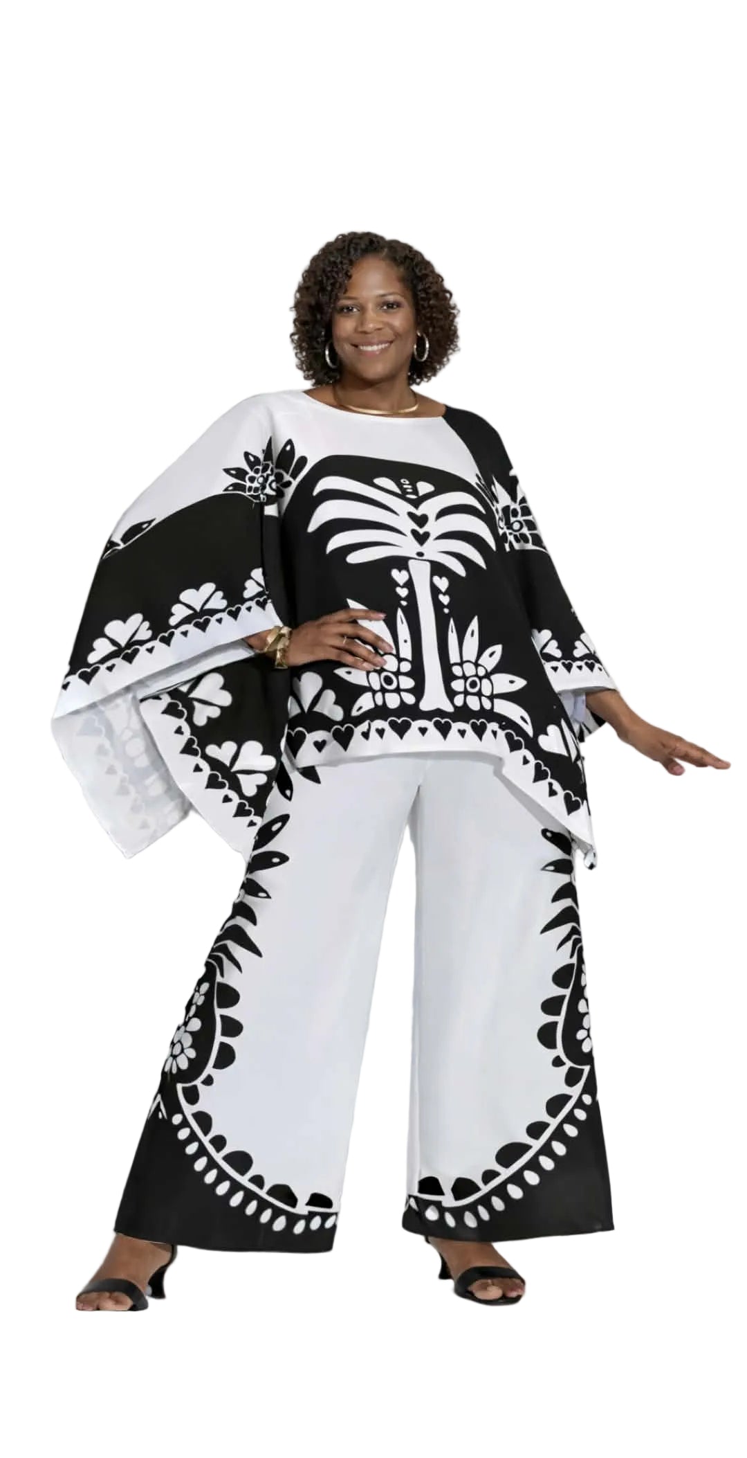 White & Black Tribal Print Wide-Leg Pant Set