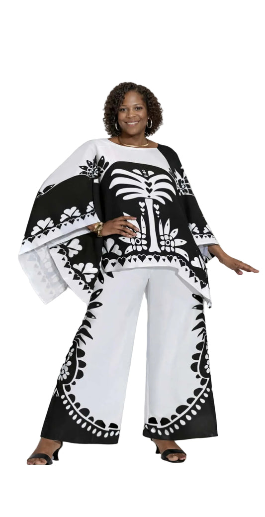 White & Black Tribal Print Wide-Leg Pant Set
