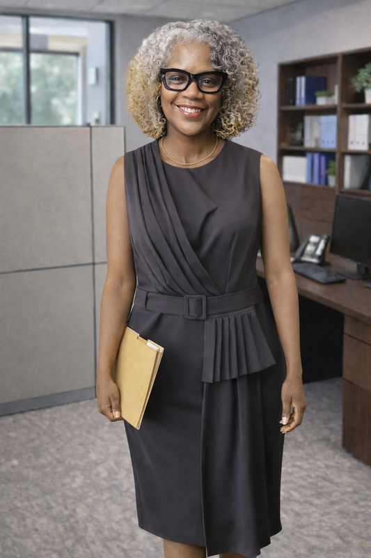 Woman in a black belted sheath dress standing in an office setting