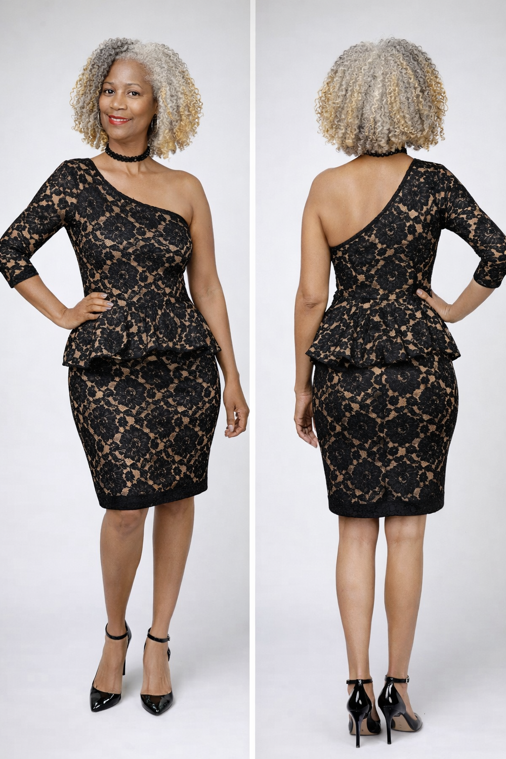 Black and Nude Single Sleeve Peplum Dress | Elegant & Comfortable