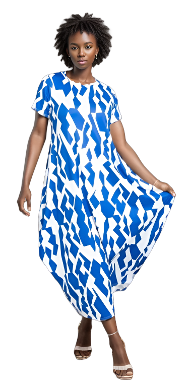 Blue and White Geo Print Short Sleeve Maxi Dress w/pockets