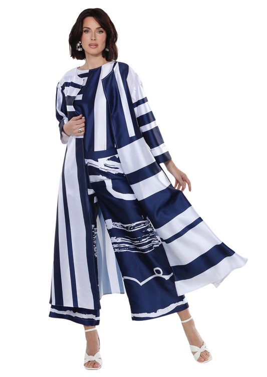 Navy & White 3-Piece Pant Set with Duster
