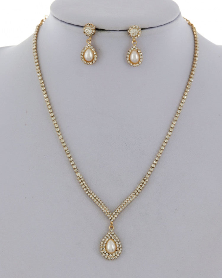 Gold Rhinestone Surrounding a Pearl Necklace & Earring Set  