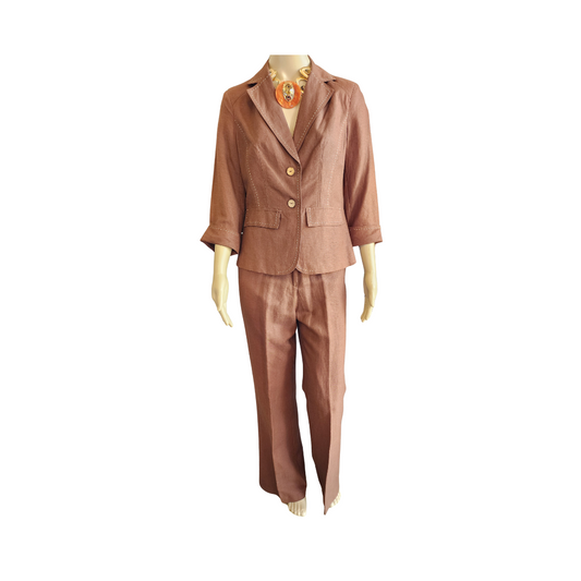 Brown suit on a mannequin against a white background