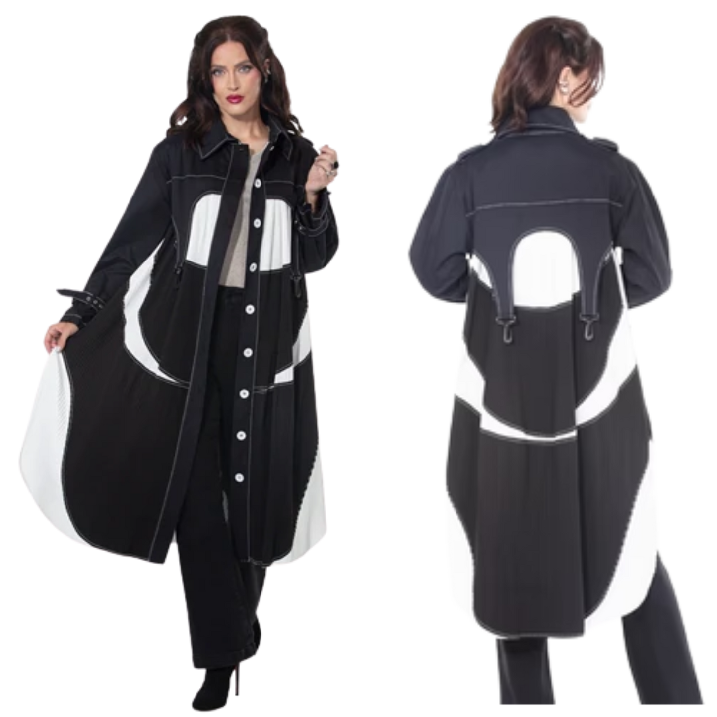 Black & White Statement Duster Coat | Long Button-Front Jacket