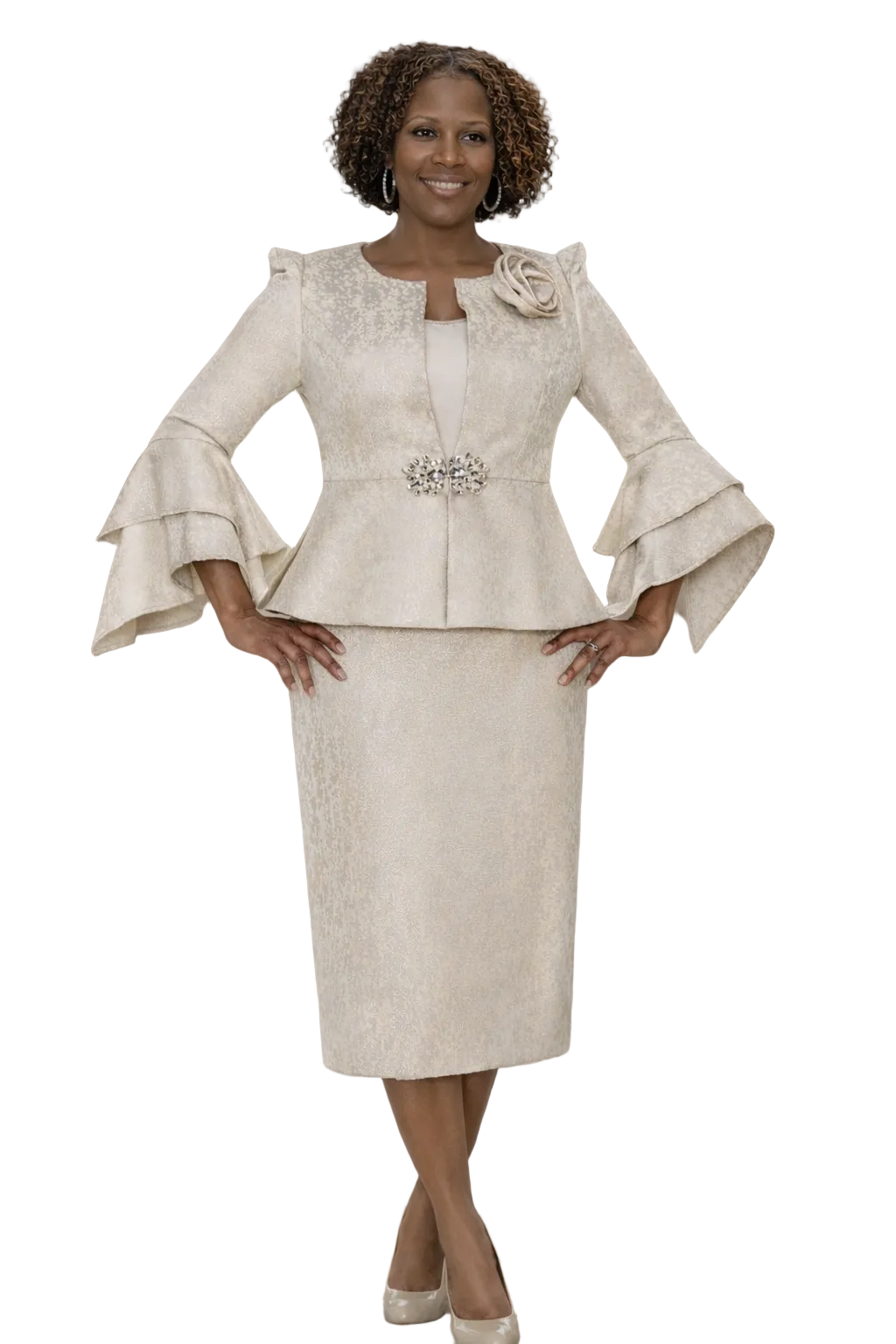 Champagne Three Piece Skirt Suit with Flutter Sleeves