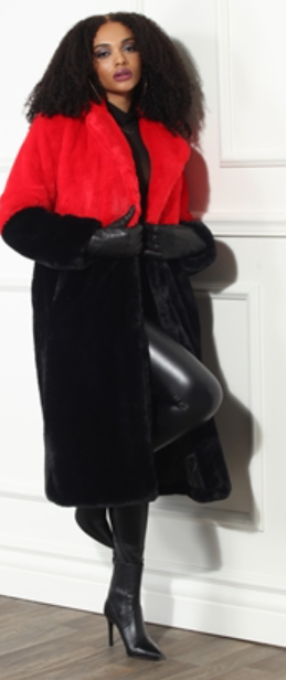 Chic Red & Black Faux Fur Coat - Bold Winter Glam