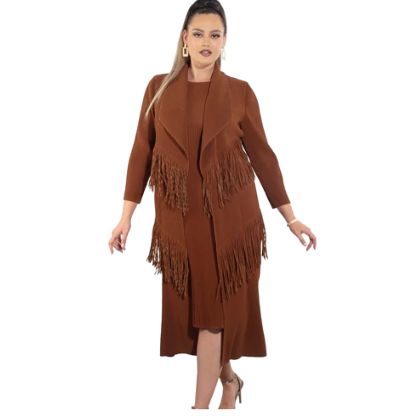 Brown Fringe 2-Piece Dress & Duster Set