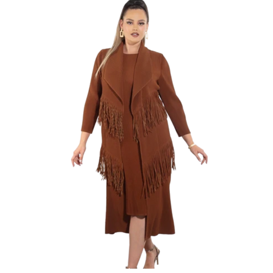 Brown Fringe 2-Piece Dress & Duster Set