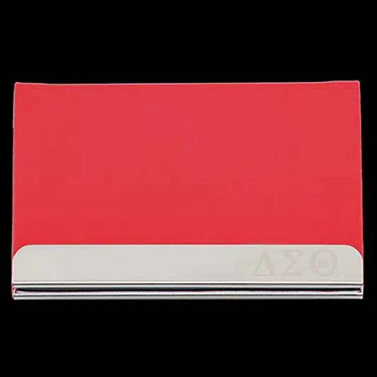 DST Laser Engraved Business Card Holder – Stainless Steel With Red Leather