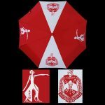 A red and white umbrella with a geometric design, featuring carbon fiber ribs and a collapsible structure, displayed open and with a close-up of the fabric.