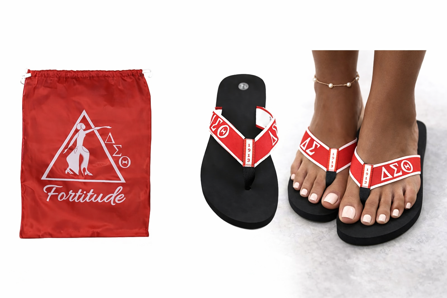 Black flip-flops with red and white designs worn by a person, next to a red drawstring bag with 'Fortitude' branding.