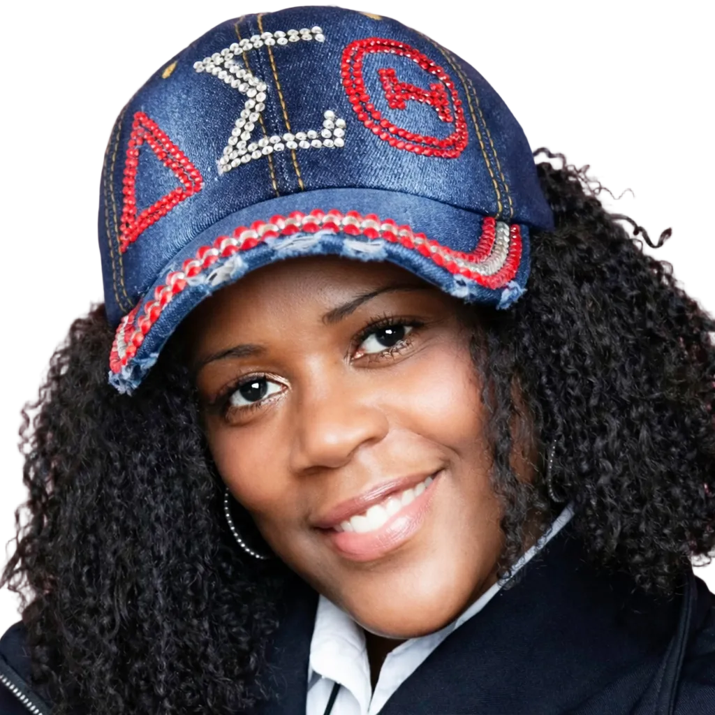Woman wearing a denim cap with DST decorative elements on a pink background