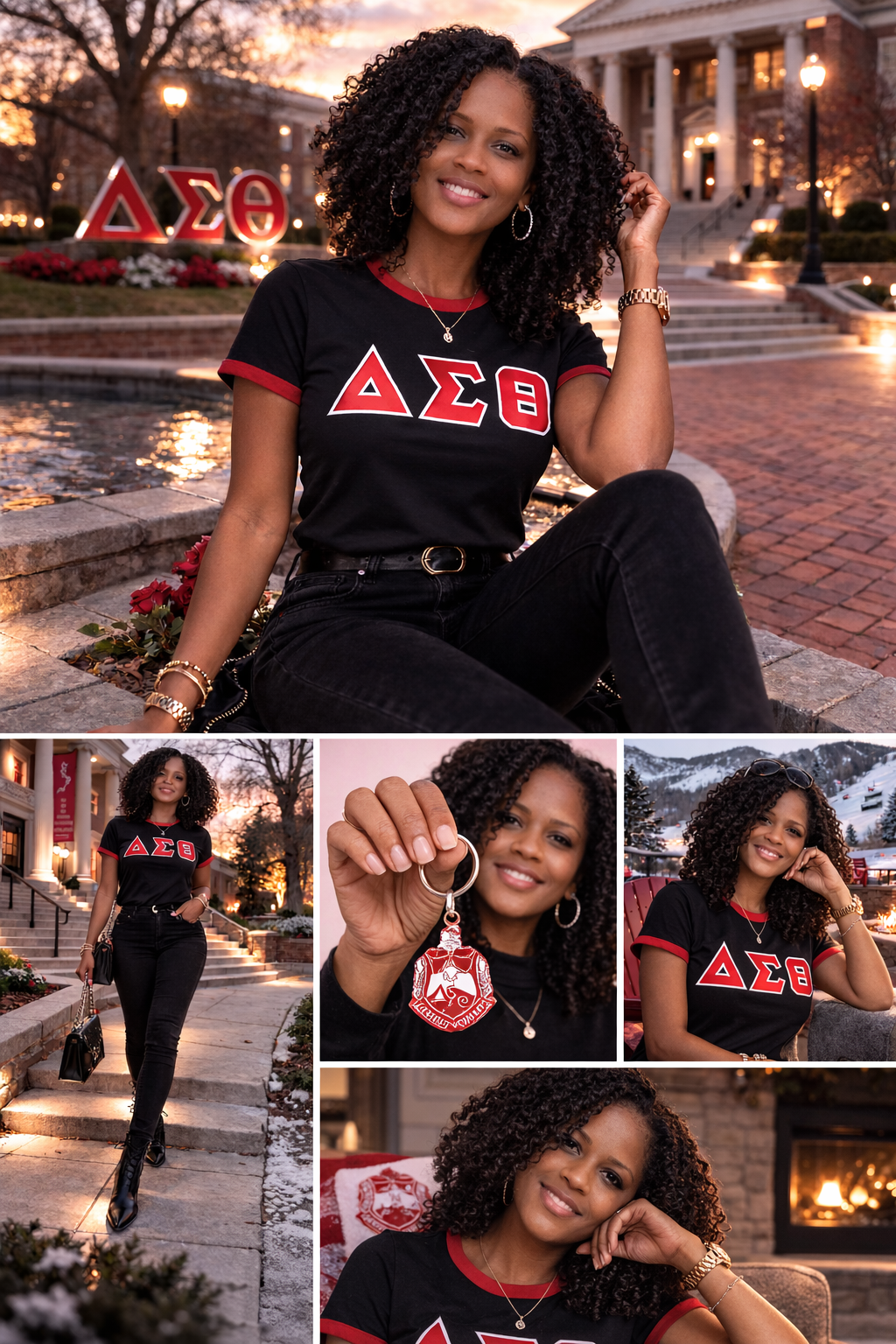 Woman wearing a Delta Sigma Theta shirt in various settings