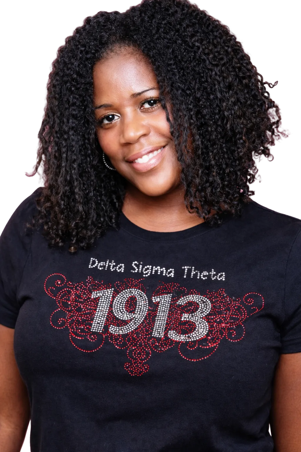 Person wearing a black t-shirt with 'Delta Sigma Theta 1913' design on a white background