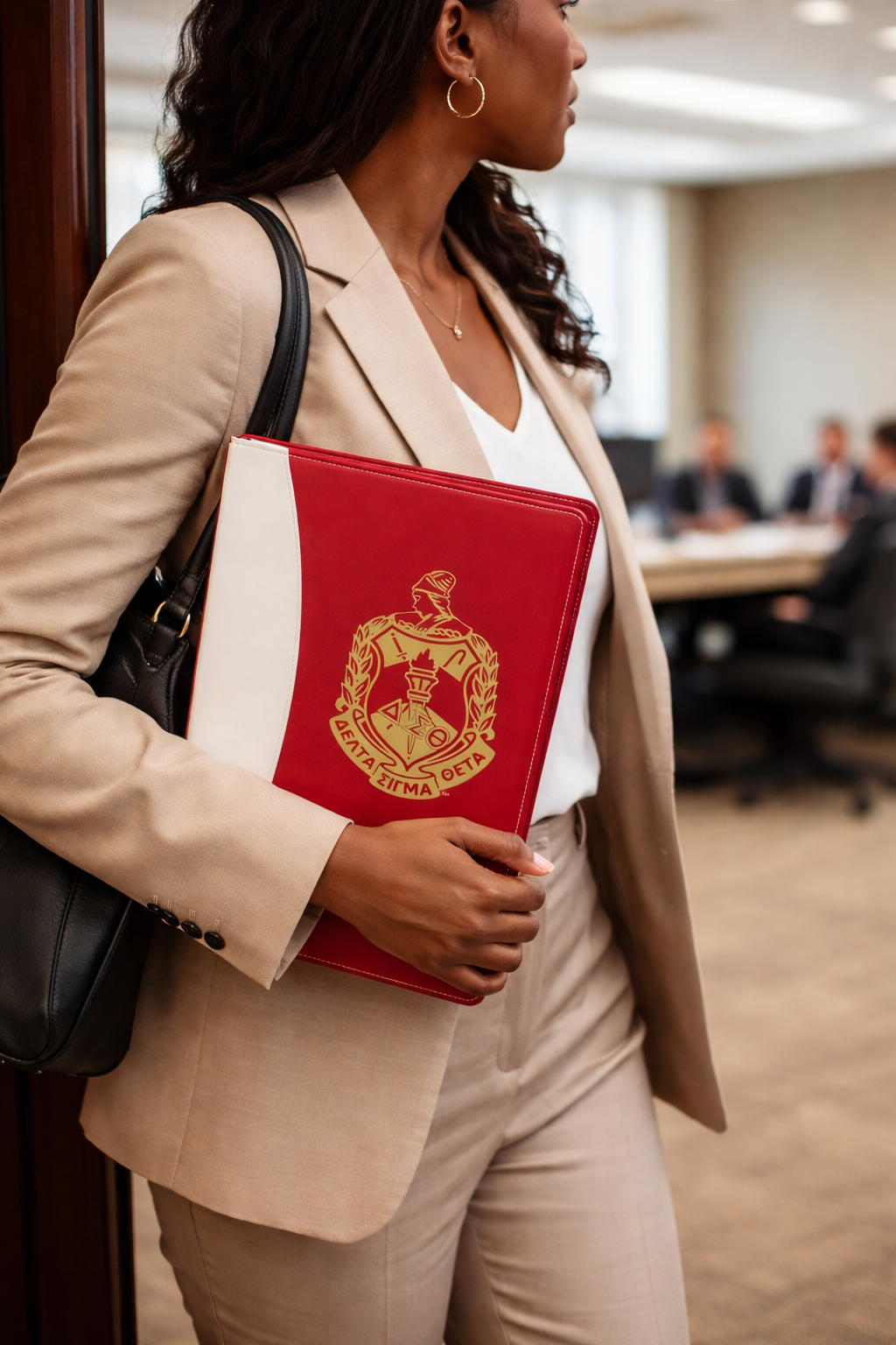 Woman holding a red book with a delta crest on it in an office setting