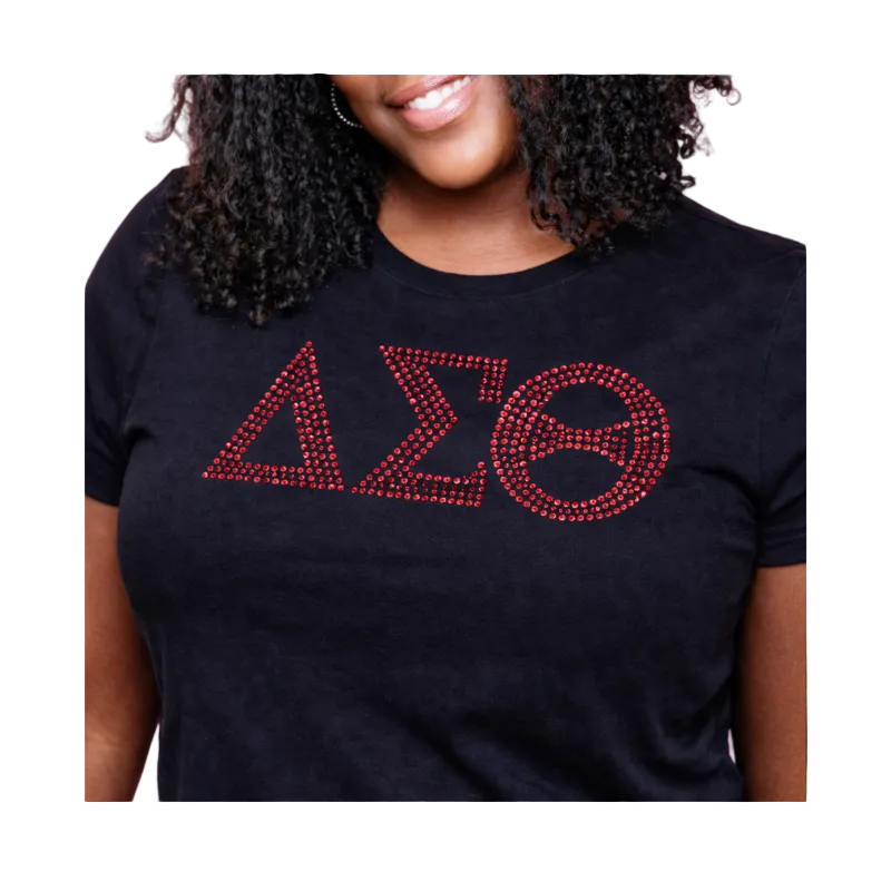 Person wearing a black t-shirt with red Delta Sigma Theta symbols on a white background
