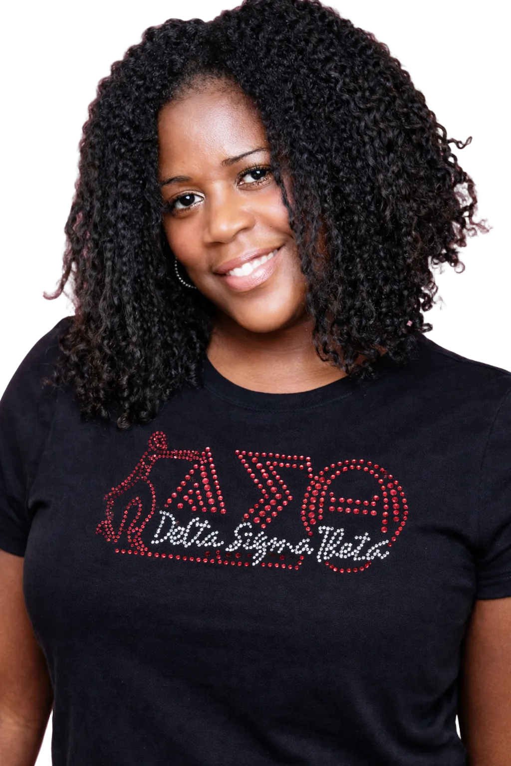 Person wearing a black t-shirt with Delta Sigma Theta logo on a white background