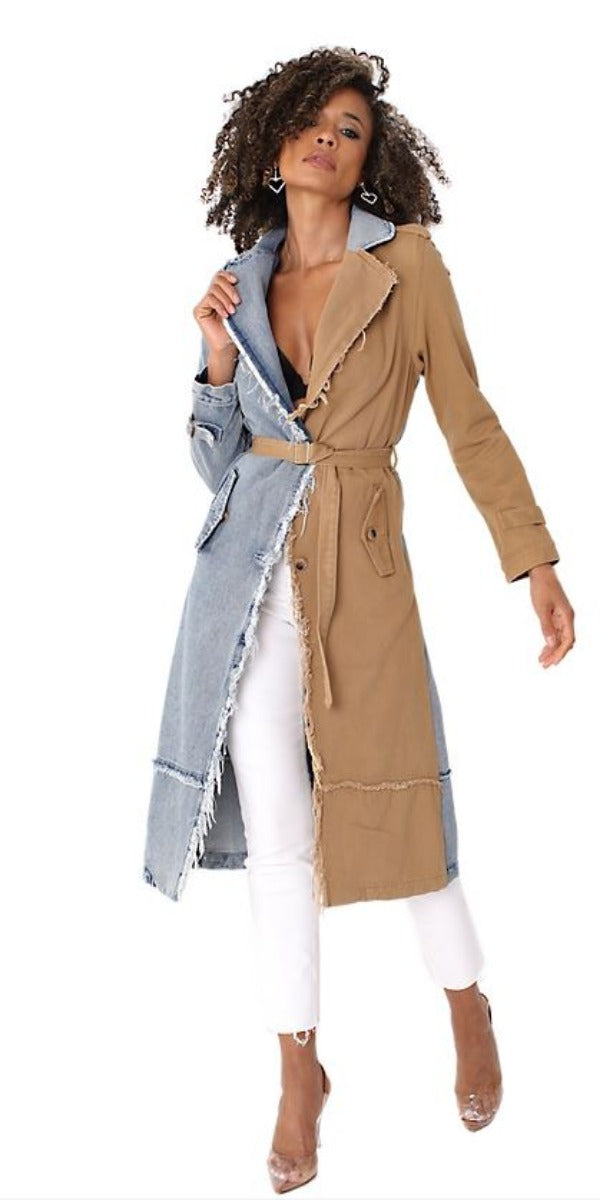 Denim And Khaki Woven Belted Trench Coat