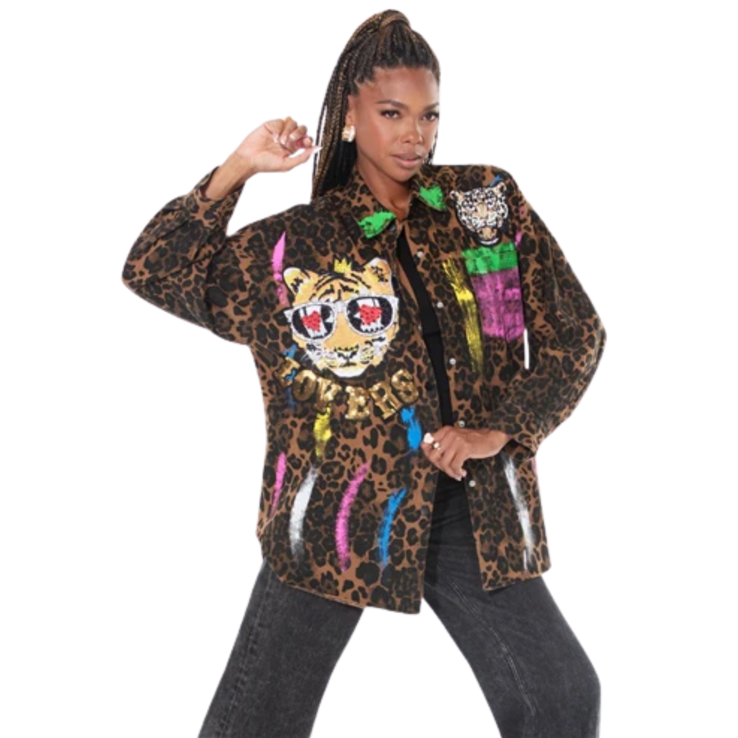 Leopard Print Sequin Denim Tunic Jacket