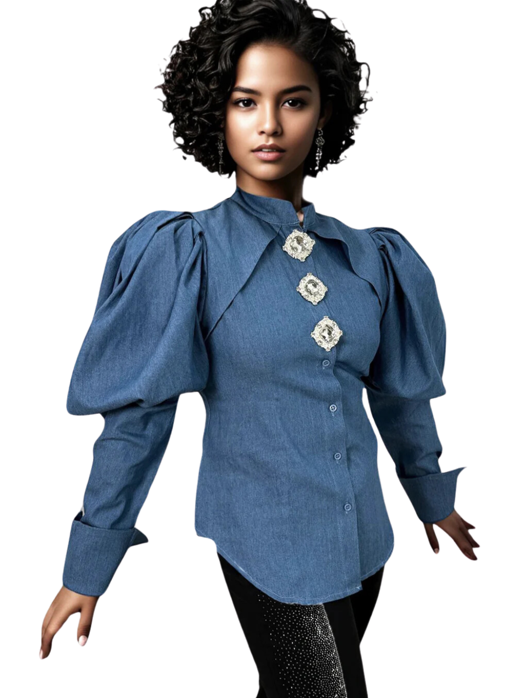 Denim Puff Sleeve Top with Rhinestone Embellishment