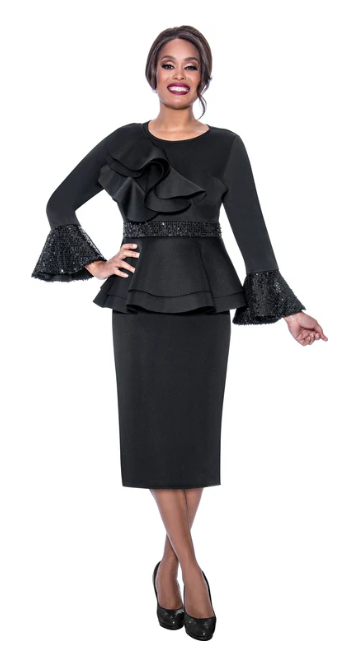 Black Dress with Ruffle. Sequin Detail at waist and sleeve.