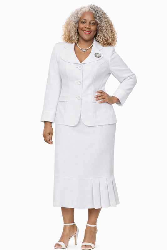 Elegant White Lined Usher Suit – Pleated Hem Skirt Set