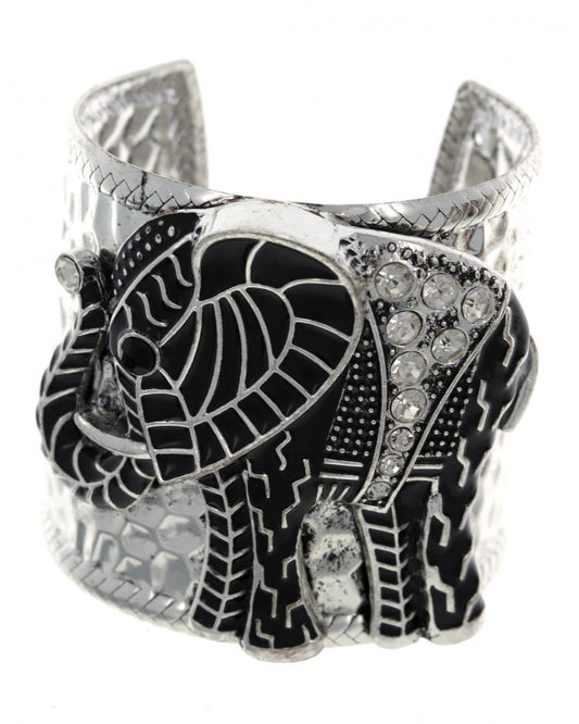 Elephant Hammered  Metal Cuff Bracelet with Rhinestone Saddle